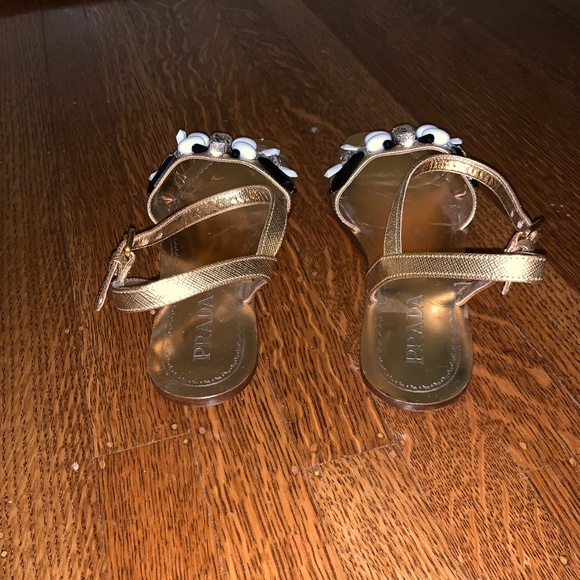 Prada Gold Leather Crystal Embellished Sandals - Picture 9 of 14